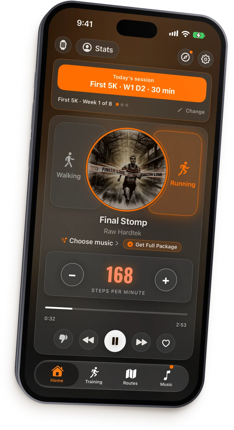 The Home screen on an iPhone: today's training session, the Walking and Running cards around the cover, 168 steps per minute and the transport controls