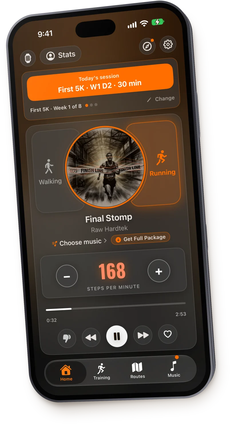 The Home screen on an iPhone: today's training session, the Walking and Running cards around the cover, 168 steps per minute and the transport controls