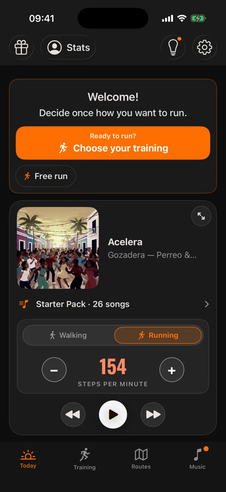 The Today screen: cover art, the Walking or Running switch, 154 steps per minute and the transport controls